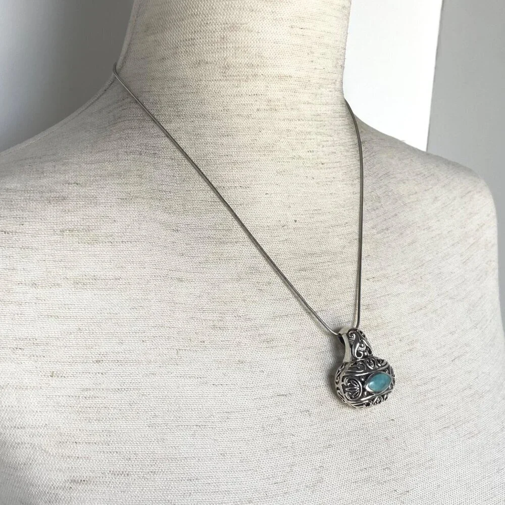 Sterling Silver 925 Chunky Bali Style Scrollwork Turquoise Pendant Necklace 18